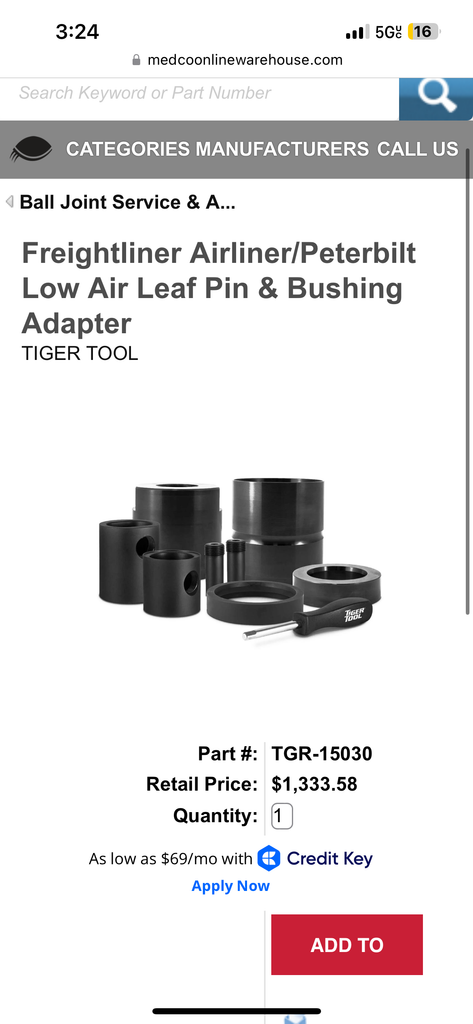 Freightliner Airliner/Peterbilt Low Air Leaf Pin & Bushing Adapter