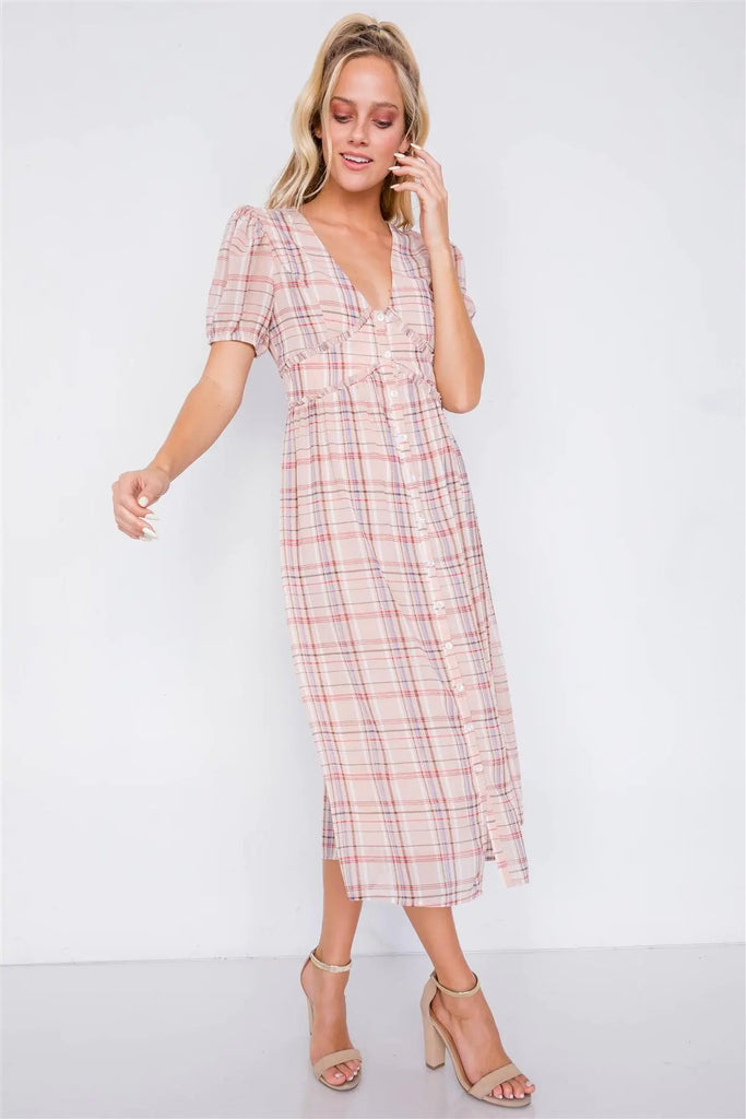 Nude Plaid V-Neck Short Puff Sleeve Frill Trim Casual Midi Dress/4-2-1