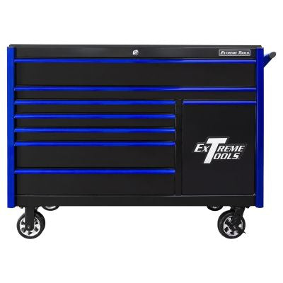 Extreme Tools DX Series 55in W x 25in D 8-Drawer Roller Cabinet W/Power Tool Drawer, 100 lb Slides, Black w Blue Drawer Pulls