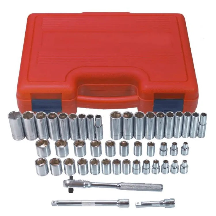 K Tool International 22047 Socket Set with 3/8" Drive for Garages, Repair Shops and DIY, Metric, SAE, 6-point, Heat-treated, Chrome Vanadium Steel, Molded Case, Pro-ratchet, (2) Extensions, 47 Piece
