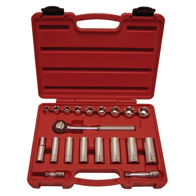 K Tool International 22000 SAE Socket Set with 3/8" Drive for Garages, Repair Shops and DIY, 6-point, Heat-treated, Chrome Vanadium, Molded Case, (9) Short, (8) Deep, Ratchet, (2) Extensions, 20 Piece