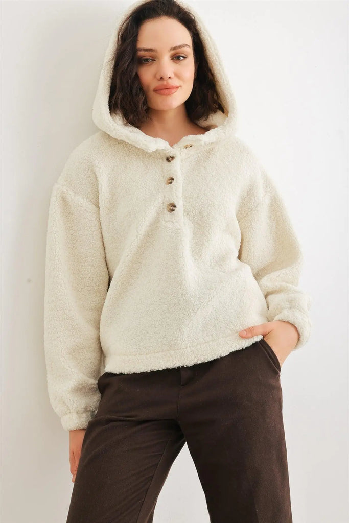 Teddy Knit Button-Up Two Pocket Hooded Sweatshirt